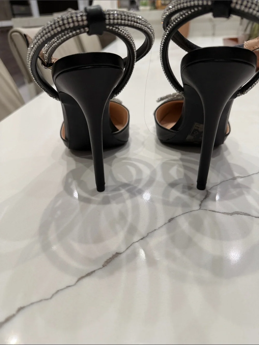 Qupid Black New Pointed-Toe Ankle-Strap Heels with Crystal Bow